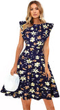Blue Floral Womens Dresses Elegant Ruffles Cap Sleeves Summer A-Line Midi Dress - ECOWISH | Women's Cocktail Dresses
