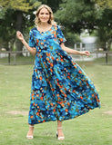 Blue Multi Women Casual Loose Bohemian Floral Dress with Pockets Short Sleeve Long Maxi Summer Beach Swing Dress - Yesno | Women's Casual Dresses