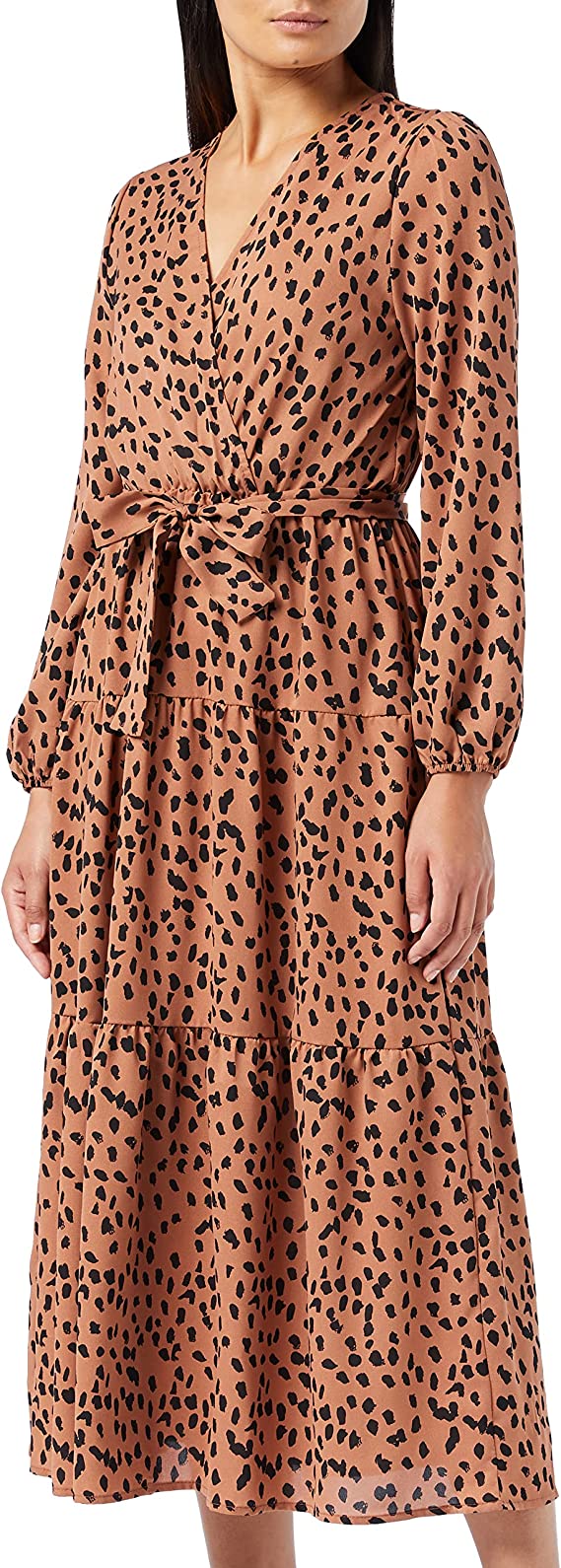 Brown Boho Print Maxi Dress Ruffle Long Sleeve Wrap V Neck Casual A Line Flowy Party Long Dress with Belt - Find | Women's Casual Dresses