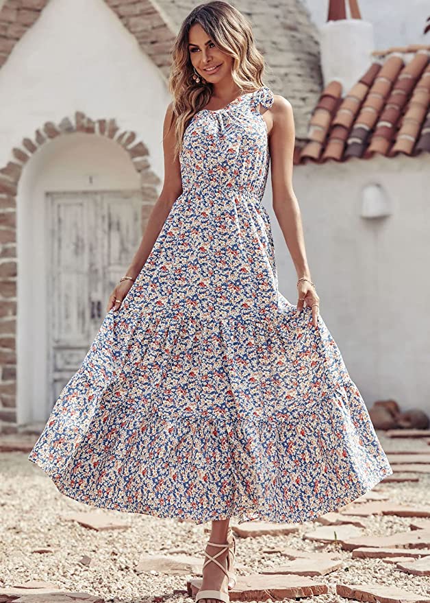 Blue White Women's Summer Floral Maxi Dresses - Prettygarden | Women's Formal Dresses
