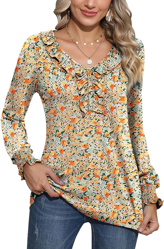 Green Orange Floral Casual V Neck T Shirts Loose Summer Tops Ruffle - Ivicoer | Women's Tops and Blouses