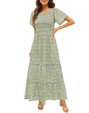 Green Women's Round Neck Short Flutter Sleeve Smocked Ruffle Floral Maxi Dress - Kranda | Women's Formal Dresses