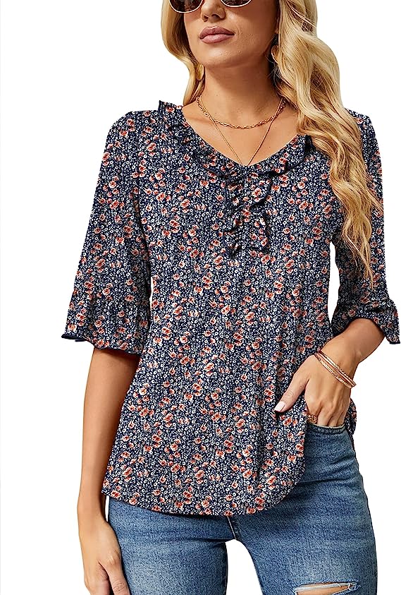 Blue Brown Floral Half Sleeve Casual V Neck T Shirts Loose Summer Tops Ruffle - Ivicoer | Women's Tops and Blouses