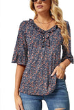 Blue Brown Floral Half Sleeve Casual V Neck T Shirts Loose Summer Tops Ruffle - Ivicoer | Women's Tops and Blouses