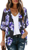 Purple Flower Women's Floral Print Puff Sleeve Kimono Cardigan Loose Cover Up Casual Blouse Tops - Chicgal | Women's Cardigan