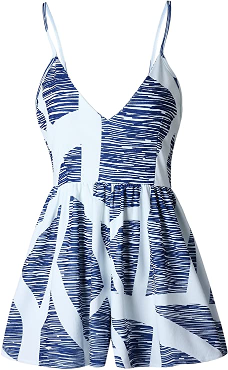 Blue Stripe Women's Sexy V Neck Printed Spaghetti Strap Beach Romper Shorts Jumpsuit - Angashion | Women's Cocktail Dresses