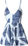 Blue Stripe Women's Sexy V Neck Printed Spaghetti Strap Beach Romper Shorts Jumpsuit - Angashion | Women's Cocktail Dresses