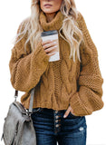 Khaki Yellow Women's Turtleneck Balloon Long Sleeve Casual Loose Chunky Cable Knit Pullover Sweater Outerwear - FARYSAYS | Women's Sweaters