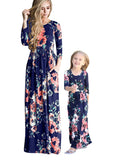 Floral Blue Long Sleeve Summer Cute Mommy and Me Boho Striped Chevron Maxi Dresses - WIWIQS | Women's Casual Dresses