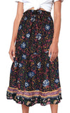 Floral Navy Women's Bohemian Floral Printed Elastic Waist A Line Maxi Skirt with Pockets - ZESICA | Women's Casual Dresses