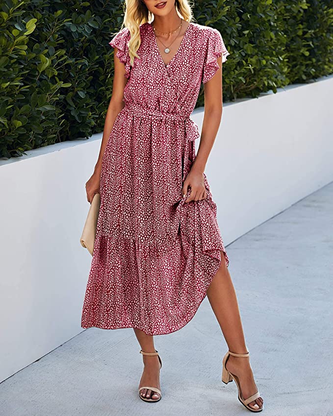 Swiss Dot Army Green Women Summer Bohemian Floral Casual Wrap V Neck Ruffle Cap Sleeveless Belt A-Line Pleated Hem Swing Midi Sun Dress - BTFBM | Women's Casual Dresses