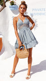 Light Blue Womens V-Neck Spaghetti Strap Bowknot Backless Sleeveless Lace Mini Swing Skater Dress - Ecowish | Women's Casual Dresses