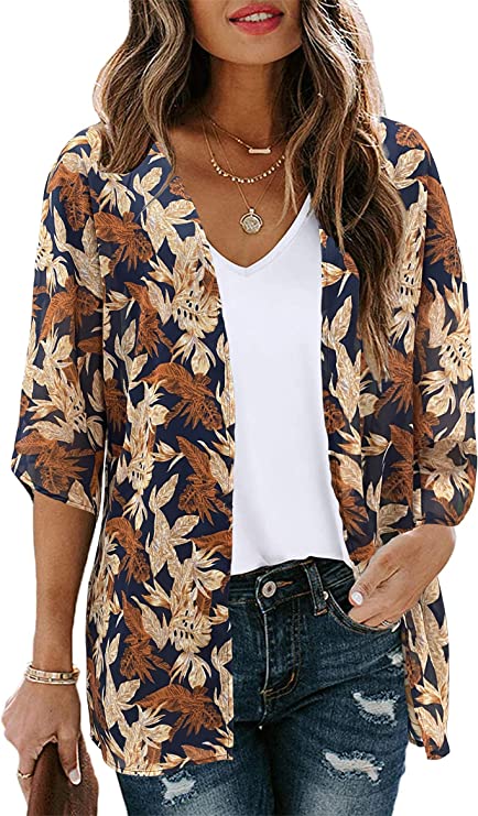 Maple Leaf Women's Floral Print Puff Sleeve Kimono Cardigan Loose Cover Up Casual Blouse Tops - Chicgal | Women's Cardigan