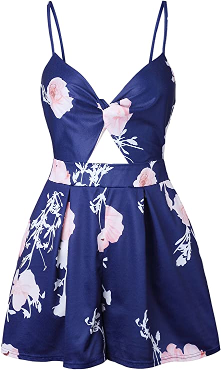 Blue Women's Sexy V Neck Printed Spaghetti Strap Beach Romper Shorts Jumpsuit - Angashion | Women's Cocktail Dresses