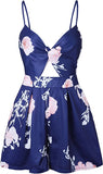 Blue Women's Sexy V Neck Printed Spaghetti Strap Beach Romper Shorts Jumpsuit - Angashion | Women's Cocktail Dresses