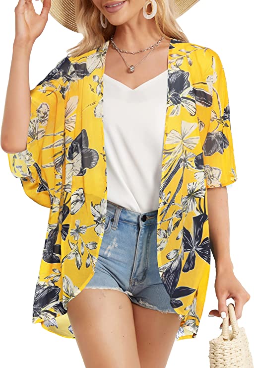 Light Yellow Daisy Women's Floral Print Puff Sleeve Kimono Cardigan Loose Cover Up Casual Blouse Tops - Chicgal | Women's Cardigan