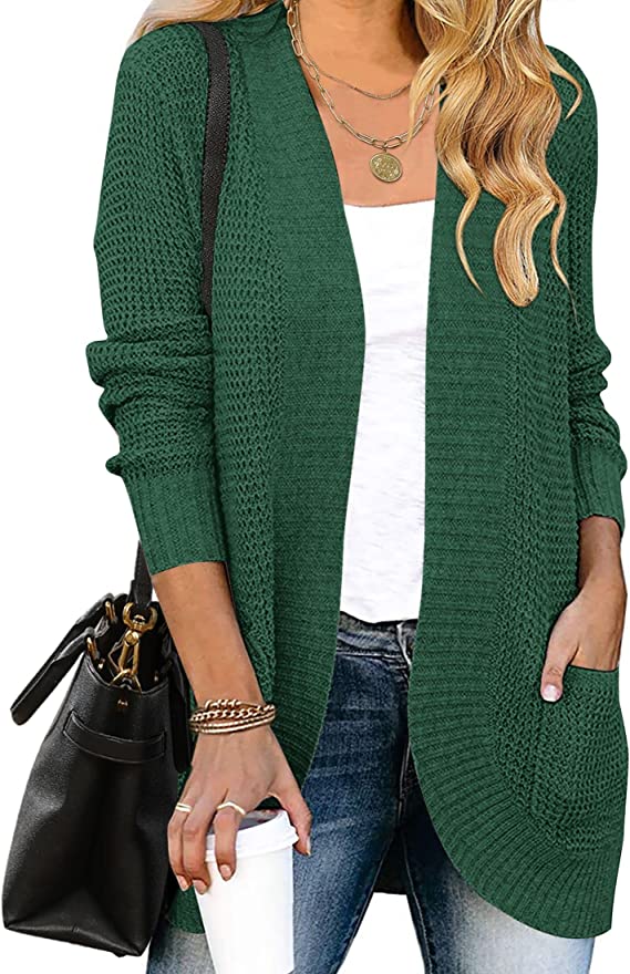 Forest Green Women's Long Sleeve Open Front Casual Lightweight Soft Knit Cardigan Sweater Outerwear - ZESICA | Women's Cardigan