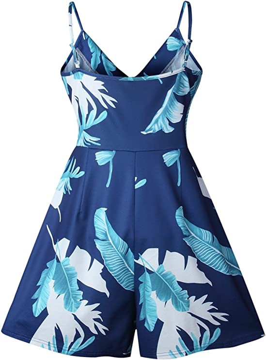 Blue Women's Sexy V Neck Printed Spaghetti Strap Beach Romper Shorts Jumpsuit - Angashion | Women's Cocktail Dresses