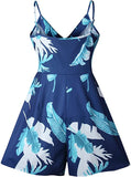 Blue Women's Sexy V Neck Printed Spaghetti Strap Beach Romper Shorts Jumpsuit - Angashion | Women's Cocktail Dresses