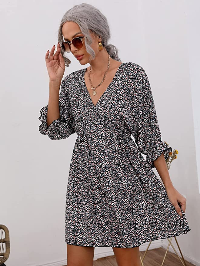 Grey Women's Boho Tribal Print Short Sleeve V Neck Tie Back Summer Shift Dress - Romwe | Women's Casual Dresses