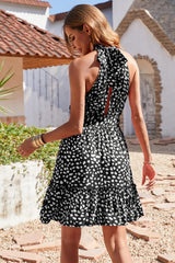 White Dot Black Women Floral Dresses Casual Summer Sleeveless Halter Neck Ruffle Belt Boho Polka Dot Leopard Print Sun Short Dress - BTFBM | Women's Casual Dresses