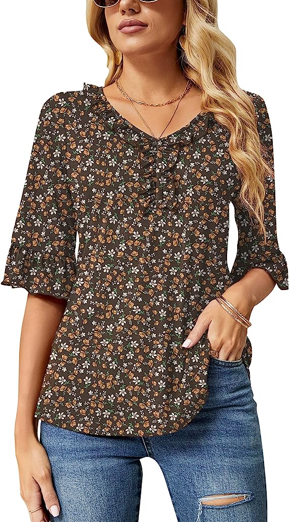 Brown Floral Print Casual V Neck T Shirts Loose Summer Tops Ruffle - Ivicoer | Women's Tops and Blouses