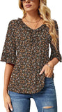 Brown Floral Print Casual V Neck T Shirts Loose Summer Tops Ruffle - Ivicoer | Women's Tops and Blouses