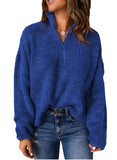 Navy Blue Sweaters for Women Waffle Kint Long Sleeve Zip Pullover Polo V Neck Sweater for Women - EVALESS | Women's Sweaters