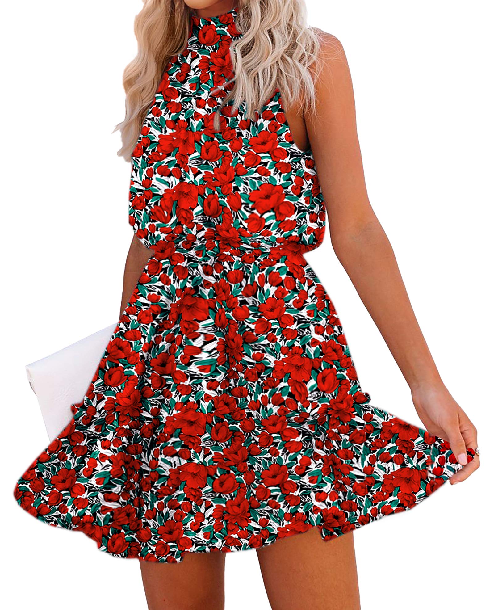 Floral Red Women Floral Dresses Casual Summer Sleeveless Halter Neck Ruffle Belt Boho Polka Dot Leopard Print Sun Short Dress - BTFBM | Women's Casual Dresses