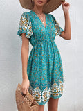 Blue Floral Print Women's Boho Tribal Print Short Sleeve V Neck Tie Back Summer Shift Dress - Romwe | Women's Casual Dresses
