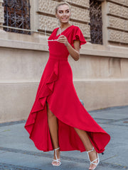 Red Women's Formal V Neck Ruffle Split Evening Party Long Dress - Miusol