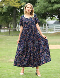 Blue Flower Women Casual Loose Bohemian Floral Dress with Pockets Short Sleeve Long Maxi Summer Beach Swing Dress - Yesno | Women's Casual Dresses