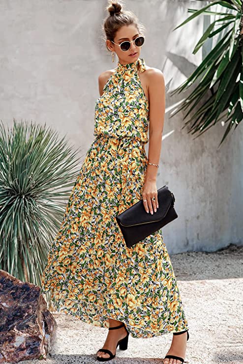 Z Yellow Women's Casual Halter Neck Sleeveless Floral Long Maxi Dress Backless Loose Ruffle Sundress with Belt - PRETTYGARDEN | Women's Formal Dresses