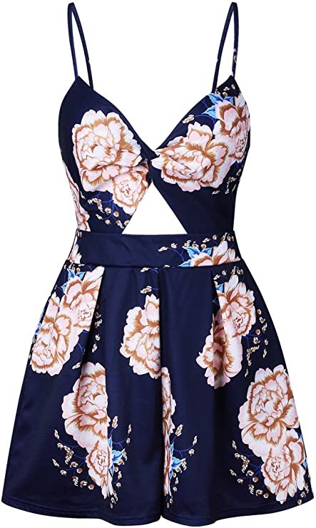 Navy Blue Women's Sexy V Neck Printed Spaghetti Strap Beach Romper Shorts Jumpsuit - Angashion | Women's Cocktail Dresses