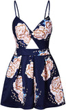 Navy Blue Women's Sexy V Neck Printed Spaghetti Strap Beach Romper Shorts Jumpsuit - Angashion | Women's Cocktail Dresses