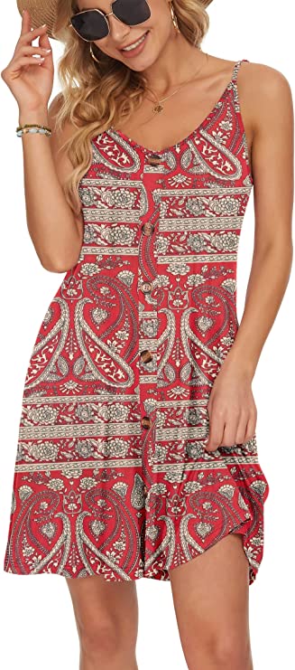 Rose White Summer Dress Spaghetti Strap Dresses Beach Cover Ups Casual V Neck Mini Sundress with Pockets - WNEEDU | Women's Casual Dresses