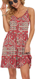 Boho Red Flower Summer Dress Spaghetti Strap Dresses Beach Cover Ups Casual V Neck Mini Sundress with Pockets - WNEEDU | Women's Casual Dresses