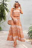 Orange Women's Casual Halter Neck Sleeveless Floral Long Maxi Dress Backless Loose Ruffle Sundress with Belt - PRETTYGARDEN | Women's Formal Dresses