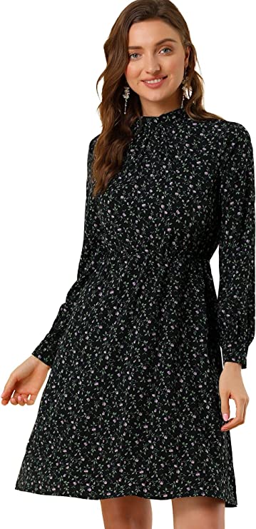 Black Mock Neck Long Sleeve Tie Waist Flare Floral Midi Dress - Allegra K | Women's Casual Dresses