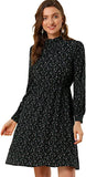 Black Mock Neck Long Sleeve Tie Waist Flare Floral Midi Dress - Allegra K | Women's Casual Dresses