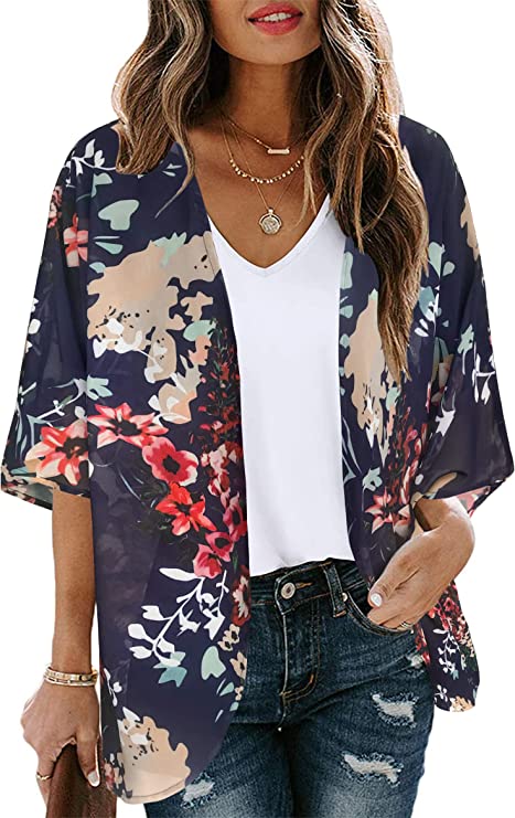 Dark Navy Women's Floral Print Puff Sleeve Kimono Cardigan Loose Cover Up Casual Blouse Tops - Chicgal | Women's Cardigan