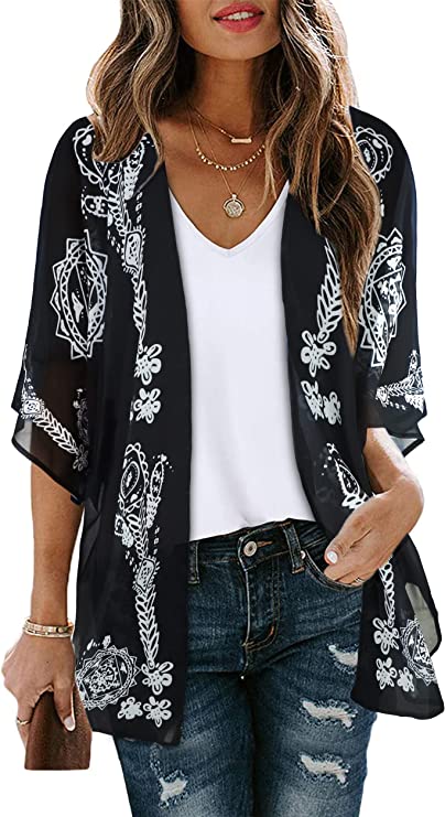 Black Adeline Women's Floral Print Puff Sleeve Kimono Cardigan Loose Cover Up Casual Blouse Tops - Chicgal | Women's Cardigan