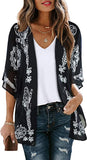 Black Adeline Women's Floral Print Puff Sleeve Kimono Cardigan Loose Cover Up Casual Blouse Tops - Chicgal | Women's Cardigan
