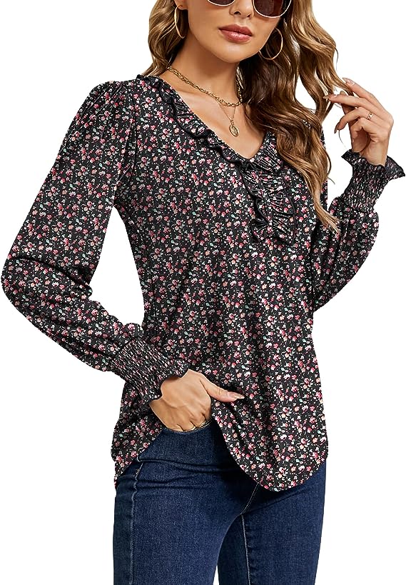 Black Pink Floral Casual V Neck T Shirts Loose Summer Tops Ruffle - Ivicoer | Women's Tops and Blouses