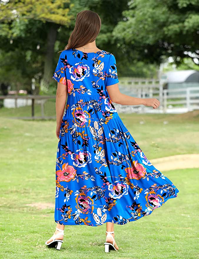 Navy Blue Flower Women Casual Loose Bohemian Floral Dress with Pockets Short Sleeve Long Maxi Summer Beach Swing Dress - Yesno | Women's Casual Dresses