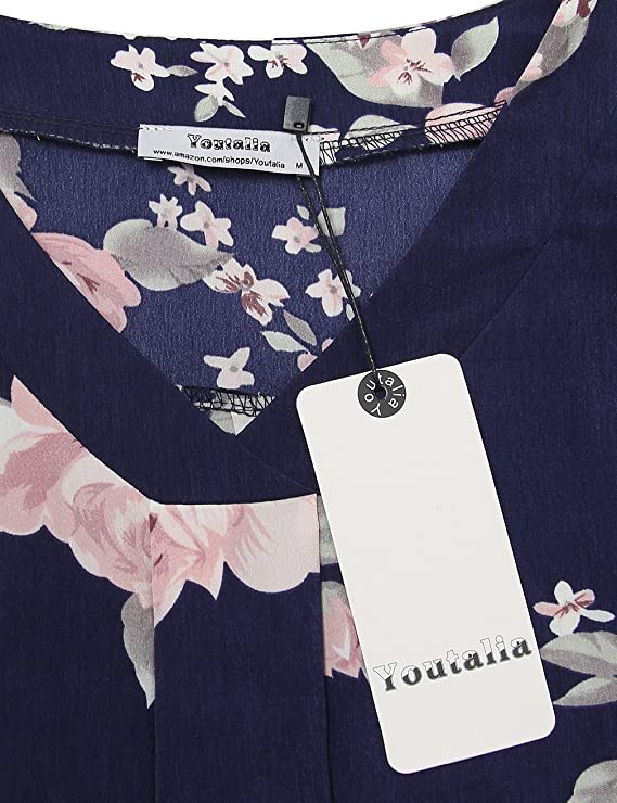 Blue Grey Womens 3/4 Cuffed Sleeve Chiffon Printed V Neck Casual Blouse Shirt Tops - Youtalia | Women's Tops and Blouses