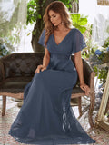 Royal Blue Ladies Double V-Neck Short Flutter Sleeves Empire Waist Elegant Chiffon Long Evening Dresses - Ever-Pretty