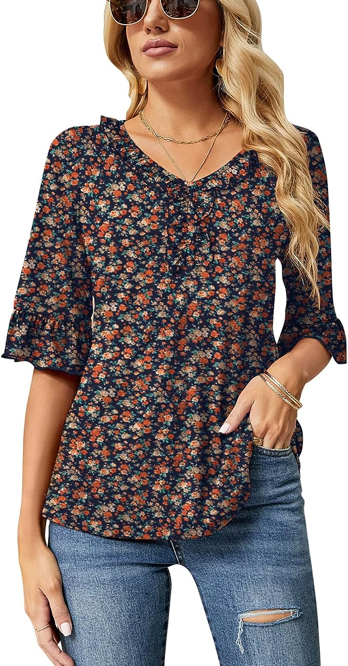 Navy Floral Print Casual V Neck T Shirts Loose Summer Tops Ruffle - Ivicoer | Women's Tops and Blouses