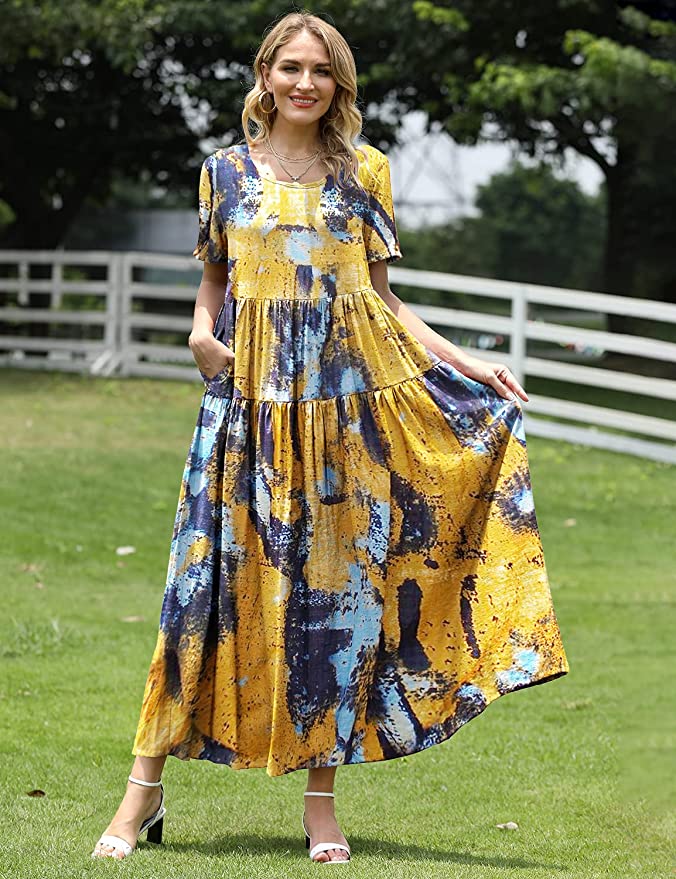 Blue Yellow Women Casual Loose Bohemian Floral Dress with Pockets Short Sleeve Long Maxi Summer Beach Swing Dress - Yesno | Women's Casual Dresses