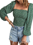 Green Blouses for Women Puff Long Sleeve Square Neck Tops Off The Shoulder Floral - EVALESS | Women's Tops and Blouses